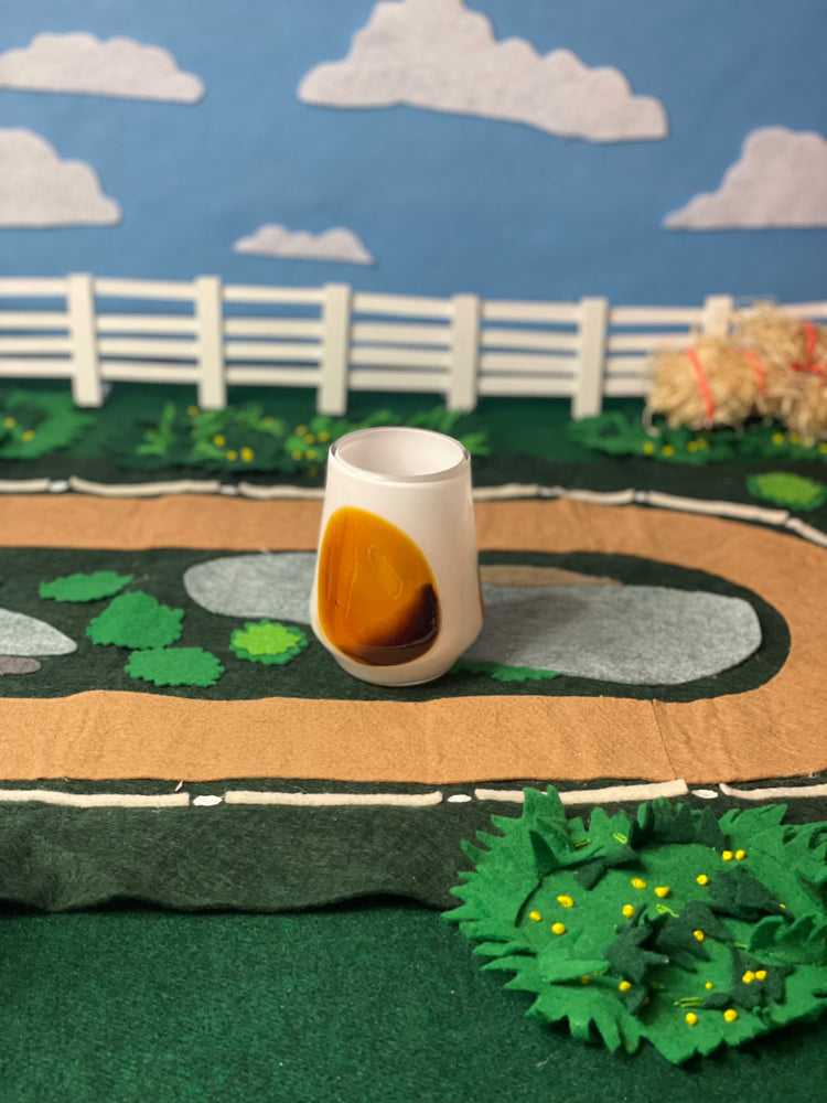 Brown American Paint Thoroughbred Tumbler in winners circle